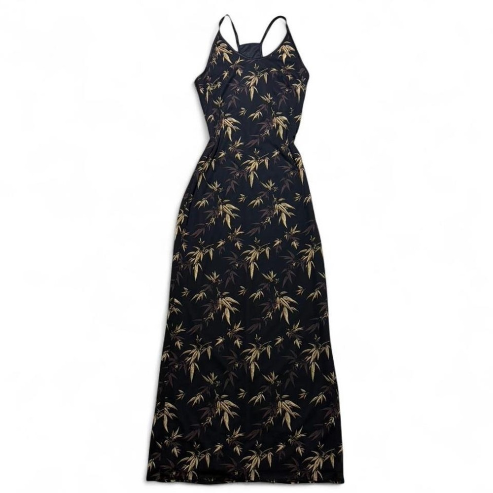 Vintage A.N.N.A Black maxi dress with gold and brown bamboo leaf print